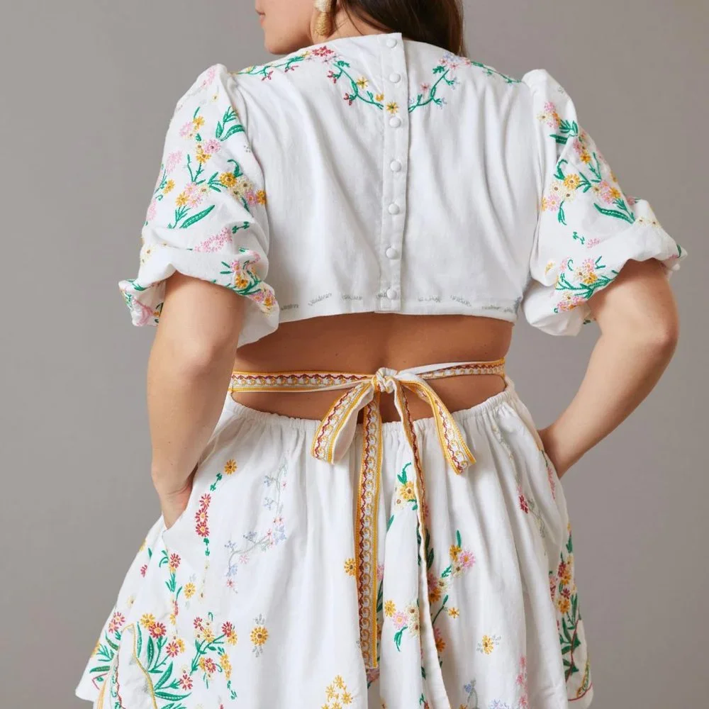 Anthropologie Deep-V Floral Embroidered Mini Dress Size 2XL White - Picture 2 of 13